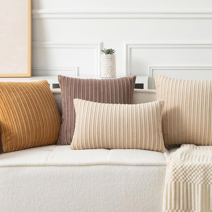 UGASA Velvet 26x26 Inch Soft Throw Pillow Cover Decorative Corduroy Striped Both Sides Solid Square Cushion Case Boho Farmhouse for Couch Bedroom Sofa Home, 1 Piece, Beige