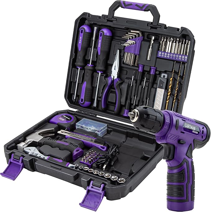 CARTMAN 150 Piece Tool Set, Tool Set with 8V Purple Cordless Drill Set, Home Tool Kit