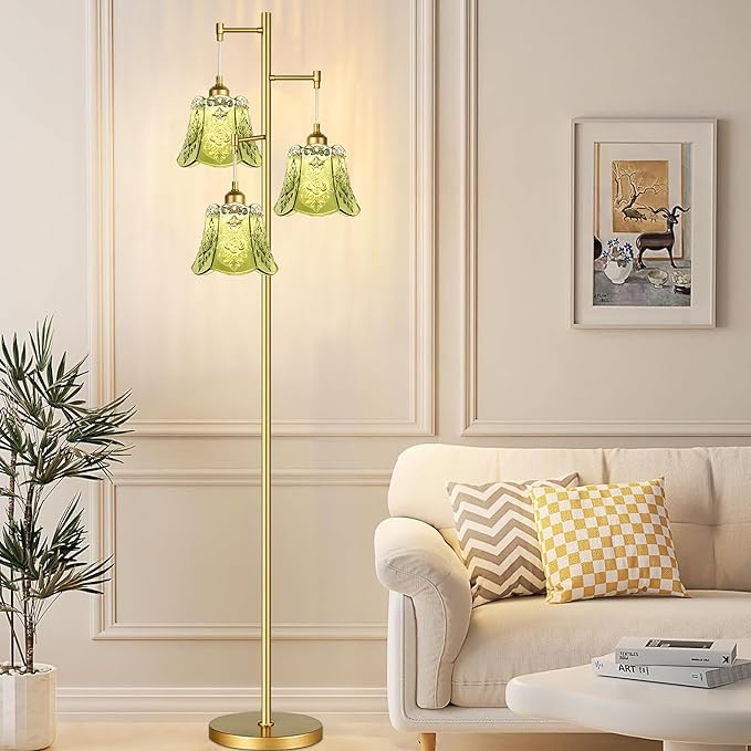 Gold Floor Lamp for Living Room,Bedroom,Tree 3 Light Standing Lamp Mid Century Modern Brass Tall Floor Lamps Vintage Retro Floor Lights Glass Green Flower Lamp Shade Farmhouse Boho Bohemian
