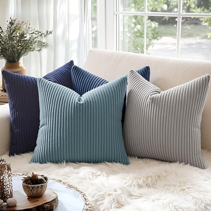 MIULEE Decorative Corduroy Throw Pillow Covers Set of 2 18x18 Silver Grey | Soft Striped Textured Cushion Cases, Boho Square Pillowcases Neutral Home Decor, for Couch Chair Sofa Bed Living Room