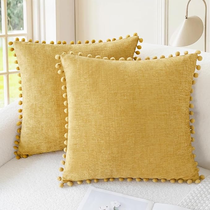 CaliTime Decorative Couch Throw Pillow Covers 22 X 22 Inches Gold | Pack of 2, Cozy Chenille Cushion Cases, with Pom Poms for Sofa Bed Living Room Farmhouse Home
