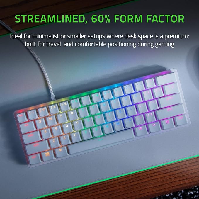 Razer Huntsman Mini 60% Gaming Keyboard, Linear Optical Switches, White | Aluminum Top Frame, Chroma RGB Lighting, PBT Keycaps, Onboard Memory, Snap Tap