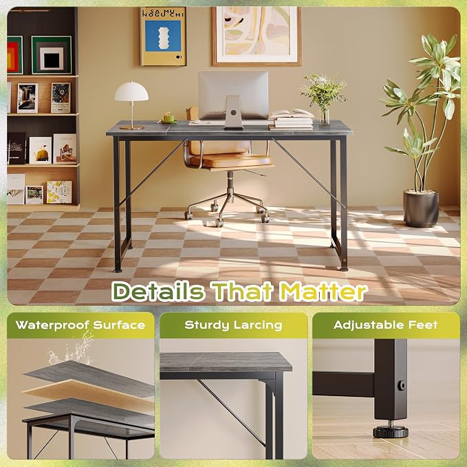 PRAISUN 47 Inch Computer Desk, Home Office Desk with Spacious Desktop, Grey | Modern Gaming Desk for Bedroom, Study, Work, Gaming & Writing, Large Legroom, Sturdy Metal Frame