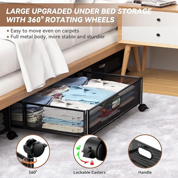 PHINOX Under Bed Storage Containers with Wheels - Shoe Storage Organizer Drawer, Tool-free Assembly Metal Underbed Storage for Bedroom Clothes, Shoes, Blankets - 2Pack