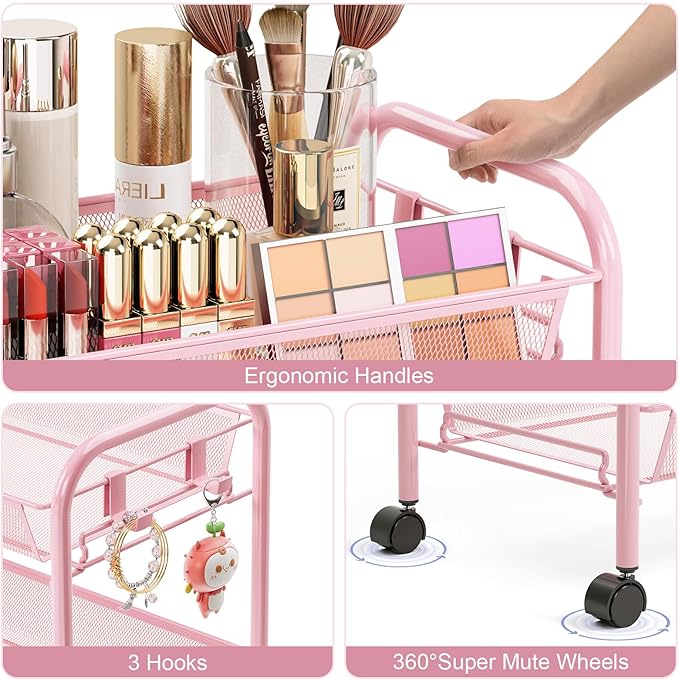 TOOLF 3 Tier Rolling Cart, Metal Utility Storage Cart with Wheels, Pink | 3 Hooks, Screwless Assembly, Trolley Organizer for Bathroom, Kitchen, Office, Nursery, Dorm, Laundry Room