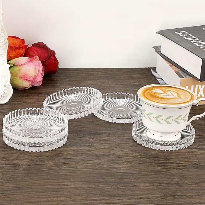 Modern Clear Coaster Set of 5- Glass Coasters for Drinks Crystal Coasters Round Cup Mat Coffee Table Decor for Office, Kitchen, Bar, Dining Room, Living Room, Patio (Clear)