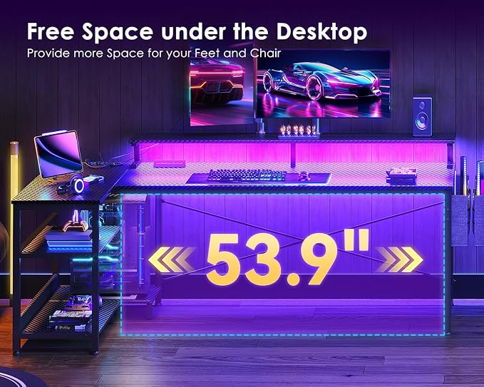 ODK 66 Inch L Shaped Gaming Desk with LED Lights, Power Outlets, Black | Adjustable Monitor Stand, Open Storage Shelves, Hanging Side Bag, PC Tower Stand, Reversible Layout for Gaming