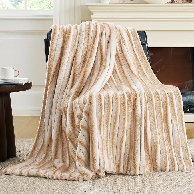 Cozy Bliss Faux Fur Throw Blanket for Couch, Cozy Warm Plush Striped Blanket for Sofa Bedroom Living Room,60 * 80 Inches Khaki