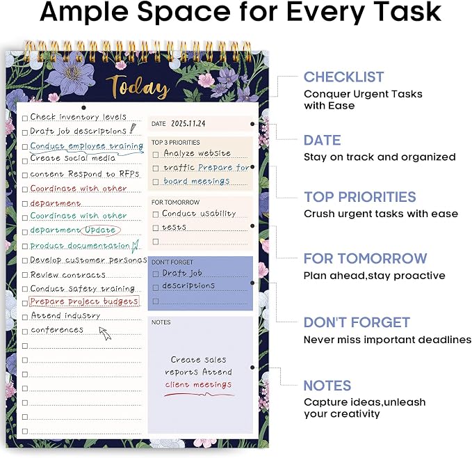 Taja To Do List Notepad, Undated Daily Planner for Work and Goal Setting | Blue Meadow, 52 Sheets, 9.8" x 6.5" , for Office, Home and school, Daily Task Planning, Notes and Everyday Organization