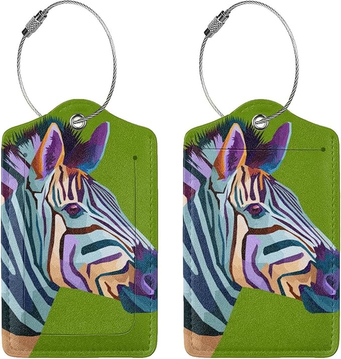 2pcs Zebra Luggage Tag for Suitcases Baggage, Colorful Airport Cruise Leahter Luggage Tag on Green Background and Full Back Privacy Cover for Travel Sports Teens Kids