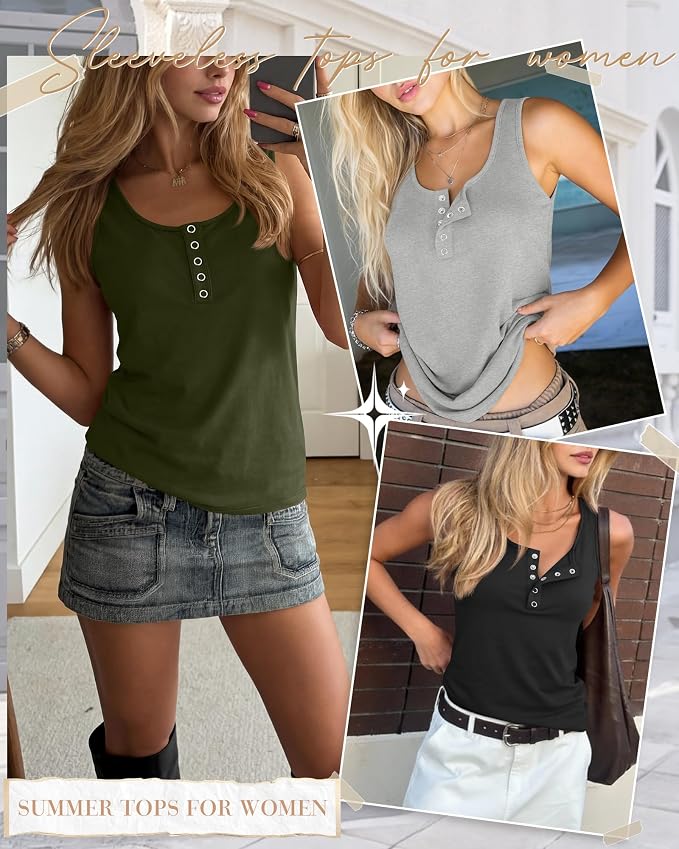 Ficerd 3 Pack Women's Henley Tank Tops Sleeveless Button Down Summer Shirts 2026 Casual Trendy Loose U Neck Tee Blouses