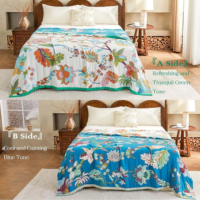 XIBLC Summer Throw Blanket, 90"x98" Reversible Bohemian Flower Blanket, 100% Cotton Muslin Breathable Woven, Farmhouse Decorative Throw Blanket