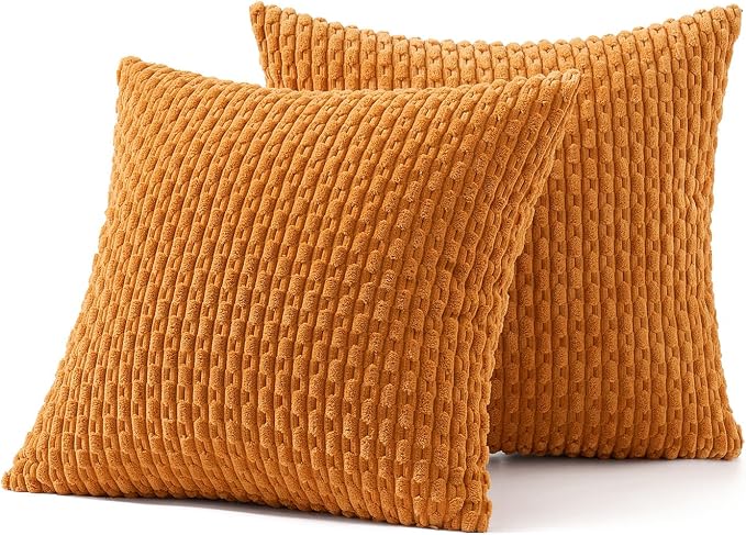 MIULEE Decorative Throw Pillow Covers 18x18 Fall Burnt Textured Corduroy | Orange Pack of 2 Striped Pillow Covers Modern Farmhouse Autumn Home Decor for Couch Bed Sofa Living Room