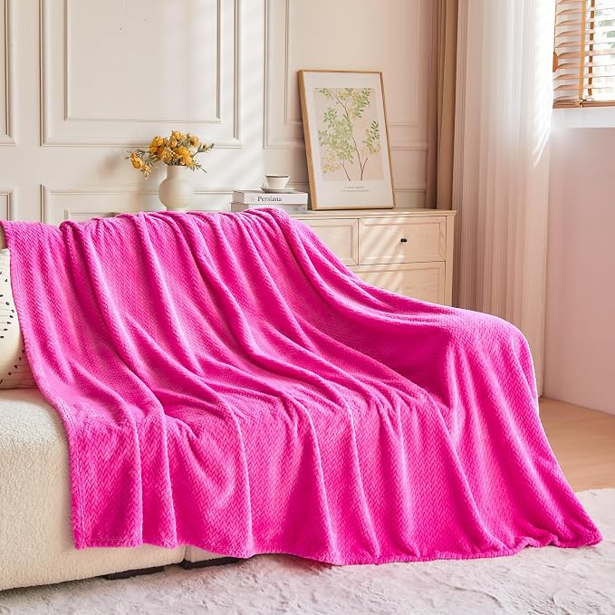 NEWCOSPLAY Fleece Leaves Pattern Twin Blanket, Hot Pink, 60"x80" | Super Soft Throw Blanket, Lightweight Cozy Bed Sofa Blanket, Premium Silky Flannel Fleece, Travel Blanket for All Season Use