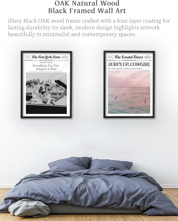 iHery 12x16in Everything You Can Imagine Is Real Framed Newspaper Art | Premium Black Natural OAK Wood Frame with Canvas Print, Vintage Girls Decor for Bedroom, Living Room, Dorm 1Pack