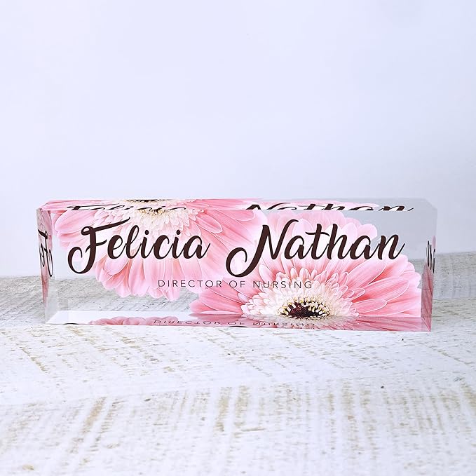 Artblox Personalized Office Desk Name Plate and Business Card Holder | Clear Acrylic Glass with Teak Wood Stand | Pink Daises Design Customized with Your Name and Credentials Office Desk Decor