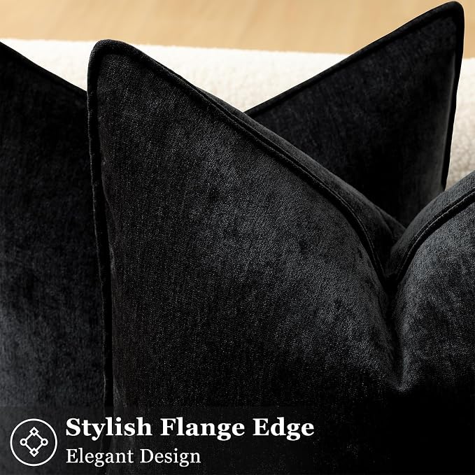 decorUhome Chenille Black Velvet Throw Pillow Covers 18x18 Set of 2 | Fall Soft Couch Decorative Modern Farmhouse Pillow Cases with Elegant Design for Sofa Bed Living Room Home Decor
