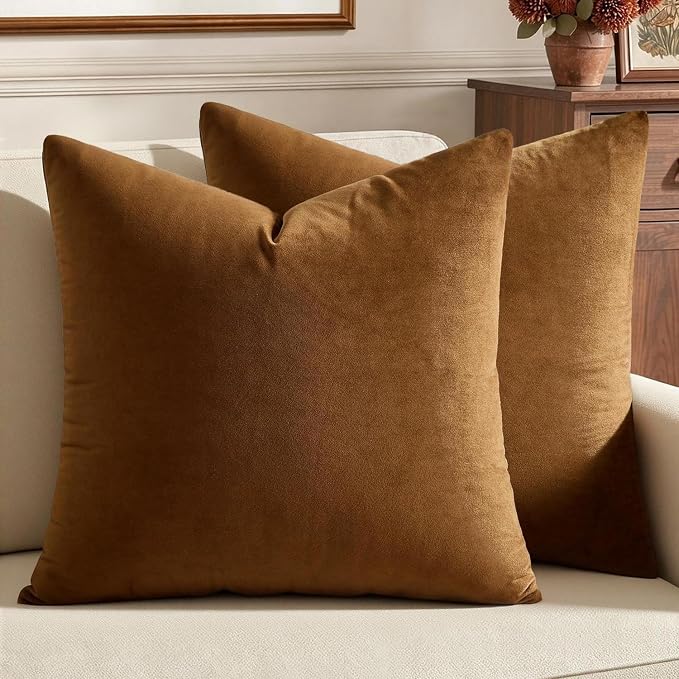 MIULEE Velvet Throw Pillow Covers 20x20 Inch Pack of 2 Golden Brown | Soft Solid Decorative Pillow Covers, Modern Luxury Home Decor, for Couch Chair Sofa Bedroom Livingroom