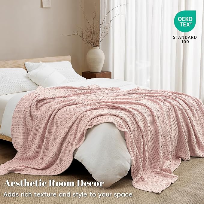 PHF 100% Cotton Waffle Blanket Twin Size, Lightweight Breathable Summer Blanket for Hot Sleepers, Pre-Washed Soft Layer for Bed, Dorm, Couch & Guest Room, Home Decor Gift, 66"x90", Pink/Mauve