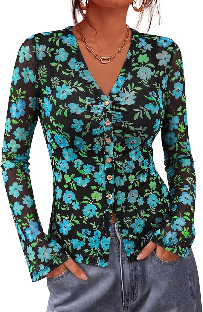 BTFBM Button Down Shirts for Women 2026 Fall Boho Tops V Neck Long Sleeve Blouses Ruched Mesh Fitted Fashion Clothing