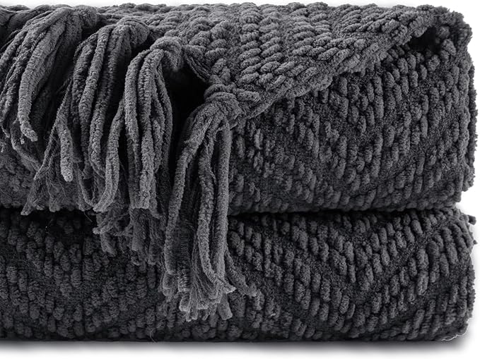 BATTILO HOME Dark Grey Throw Blanket for Couch, 50"x60" | Knit Charcoal Throw Blanket Versatile for Chair, Super Soft Warm Grey Blanket with Tassels for Bed, Sofa and Living Room