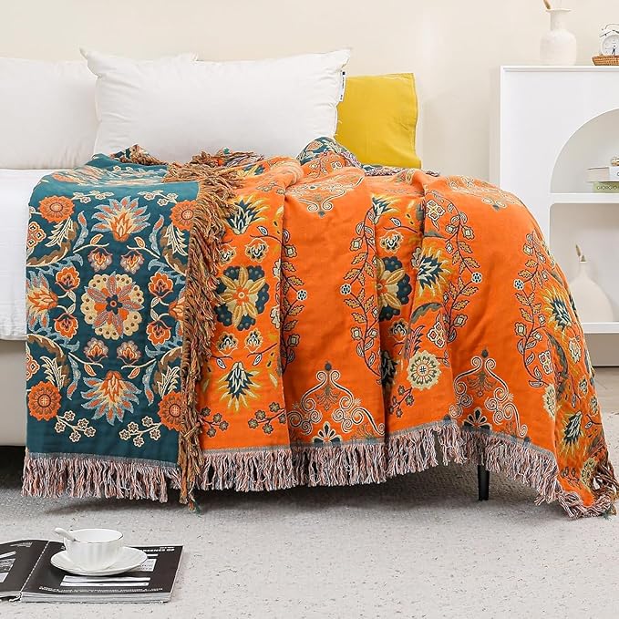 Boho Throw Blanket for Chair, 100% Cotton Woven Rustic Quilt with Tassel 50”x60”, Super Soft Muslin Blanket with Floral, Decorative Reversible Bed Blanket/Sofa Cover for All Seasons- Orange
