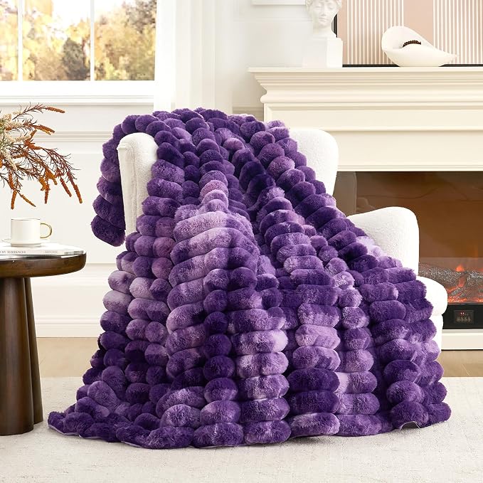 Cozy Bliss Faux Fur Throw Blanket for Couch, Cozy Warm Plush Striped Blanket for Sofa Bedroom Living Room, 50 * 60 Inches Tie-dye Purple