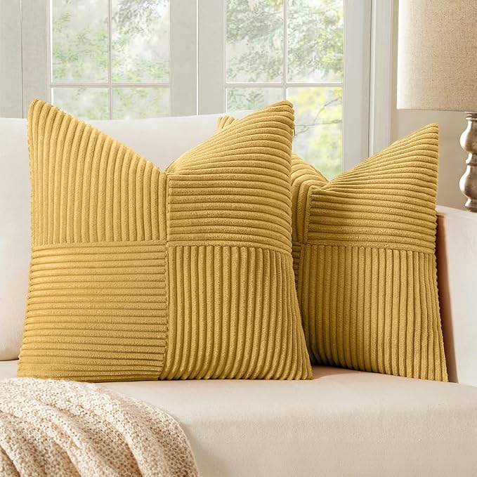 MIULEE Golden Mustard Decorative Throw Pillow Covers for Couch 16x16 Inch | 2 Pack, Boho Farmhouse Pillow Covers, Soft Cross Corduroy Patchwork Textured Cushion Cases For Bed Sofa