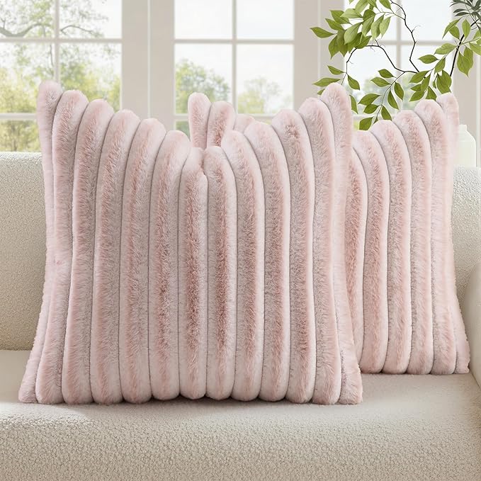 decorUhome Fall Faux Fur Throw Pillow Covers 26x26 Set of 2 Pink White | Decorative Soft Cozy Striped Plush Modern Farmhouse Boho Couch Pillow Cases Velvet Back for Sofa Bed Living Room Home Decor