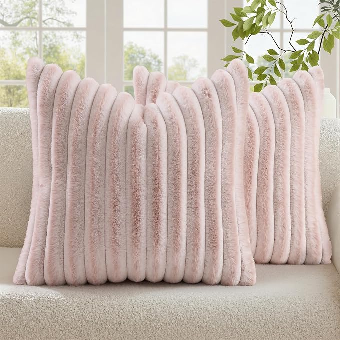 decorUhome Fall Faux Fur Throw Pillow Covers 18x18 Set of 2 Pink White | Decorative Soft Cozy Striped Plush Modern Farmhouse Boho Couch Pillow Cases Velvet Back for Sofa Bed Living Room Home Decor