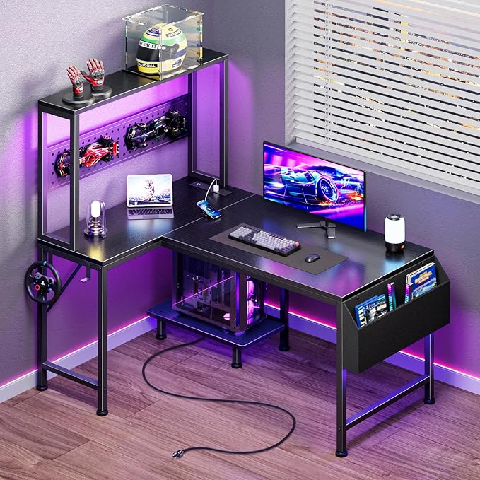 PRAISUN L Shaped Gaming Desk with LED Lights & Power Outlets, Reversible Computer Desk with Storage Shelves & Bag, Small Corner Home Office Desk with Pegboard for Work from Home, Black