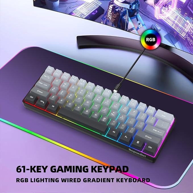 Snpurdiri 60% Wired Gaming Keyboard, 61 Keys RGB (Grey-Black) | Backlit Ultra-Compact Small Gaming Keyboard, for PC/Mac Gamer, Typist, Travel, Easy to Carry on Business Trip