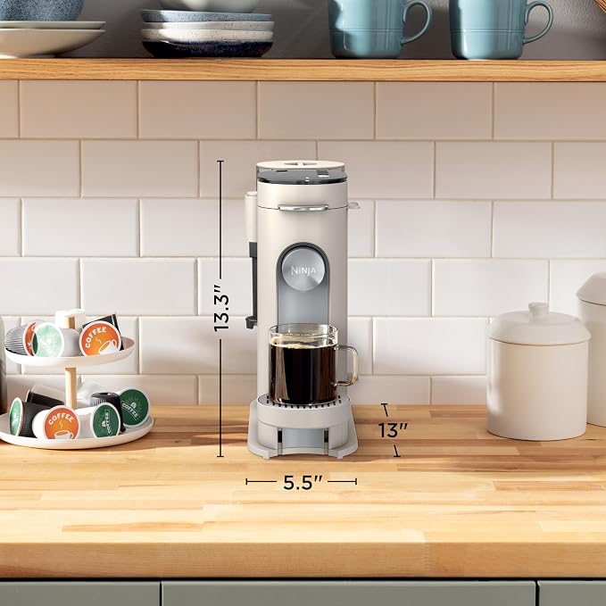 Ninja Pod & Grounds, XL Coffee Maker, K-Cup Compatible, Stone, PB055AST | Brews Grounds, Compact Design, Built-In Milk Frother, 68-oz. Reservoir, 6-oz. Cup to 24-oz. Mug Sizes
