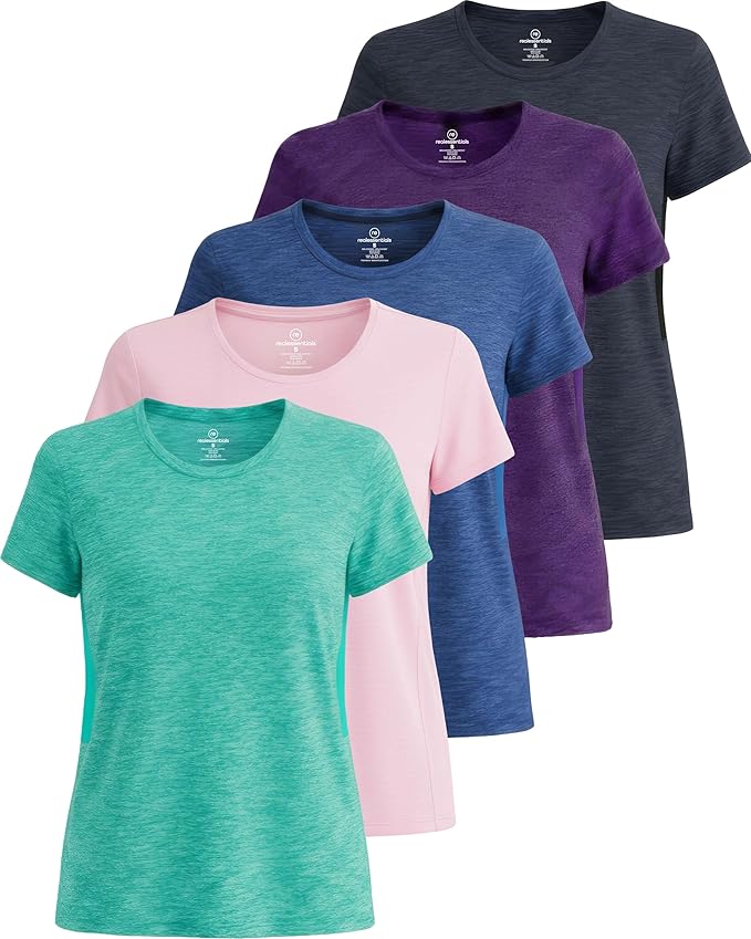 5 Pack Women's Dry Fit Short Sleeve Athletic Gym Workout Running Tops | Available in Plus Size, Exercise, Sports, Fitness, Quick Dry, Cooling, Moisture Wicking, Loose Basic Tees, Yoga, Pilates