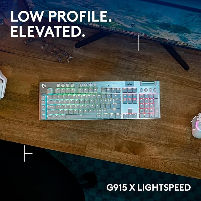 Logitech G915 X Lightspeed Wireless Gaming Keyboard (Tactile) - White | Low-Profile, Double-Shot PBT Keycaps, Fully Programmable Keys, RGB Backlighting, Sleek Aluminum Finishing, GL Brown