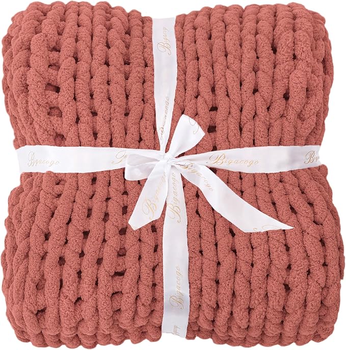 Bigacogo Chunky Knit Throw Blanket for Couch, 40x40 inches, Antique Red | Hand Knit with Jumbo Chenille, Soft Breathable Cable Knit for Sofa Bed Living Room, Machine Washable, Gift for Mom Friend