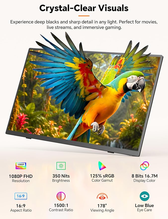 HotYeah Travel Portable Monitor with Stand, w/Magnetic Stand & Speaker | 15.6" 1080P 125% sRGB USB-C HDMI HDR External Display, 2nd Screen for Laptop MacBook Computer Phone Tablet Switch PS5 Xbox