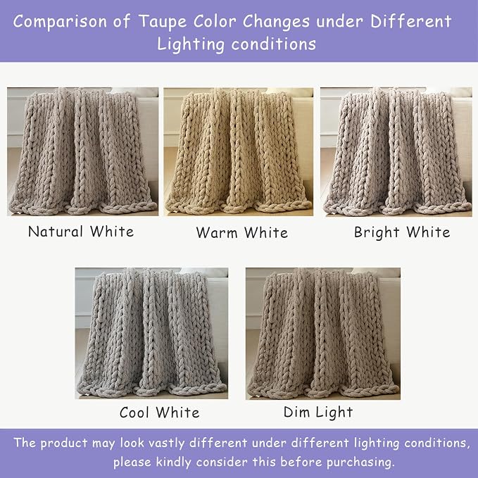 Bigacogo Chunky Knit Throw Blanket for Couch, 40x80 inches, Taupe | Hand Knit with Jumbo Chenille, Soft Breathable Cable Knit for Sofa Bed Living Room, Machine Washable, Gift for Mom Friend
