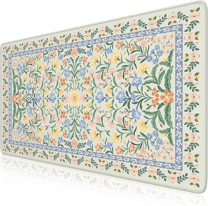 iCasso Desk Mat for Office Decor,35.4 x 15.7 in,Cute Green Floral | Desk Matt for Desktop,Desk Pad Mat for keyboard and mouse,XXL Large Mouse Pad,Anti-Slip keyboard pad with Stitched Edges