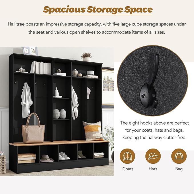 66.9" Wide Hall Tree with Storage Bench, Shoe Cabinet with Cube Storage & Shelves, Coat Rack with 8 Hooks for Entryways