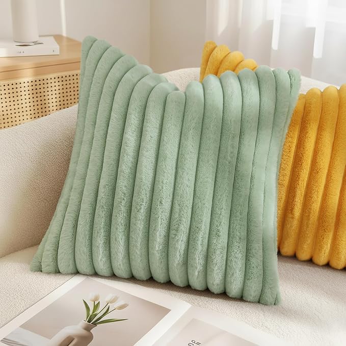 decorUhome Fall Faux Fur Throw Pillow Covers 18x18 Set of 2 Sage Green | Decorative Soft Cozy Striped Plush Modern Farmhouse Boho Couch Pillow Cases Velvet Back for Sofa Bed Living Room Home Decor