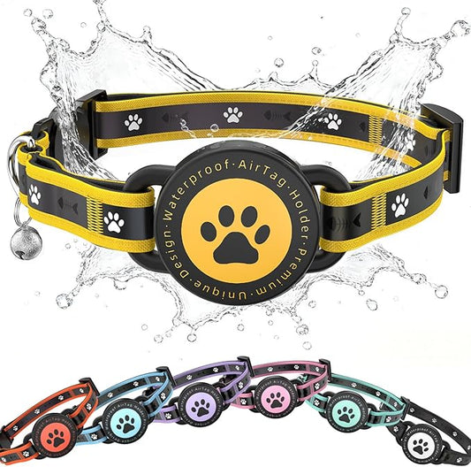 Airtag Cat Collar Breakaway, Reflective Cat Collar with AirTag Holder and Bell, Compatible with Apple Air Tag, Comfortable Padding, Adjustable, Durable (Yellow, S)