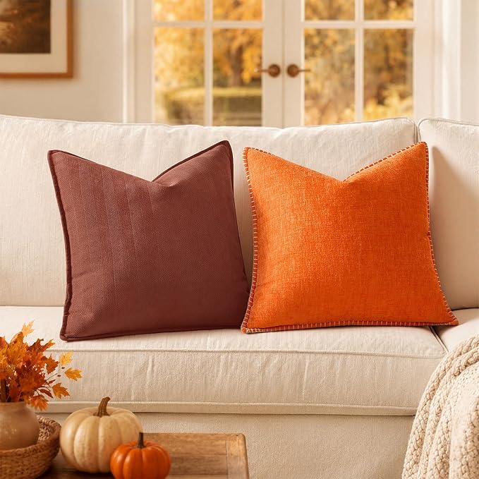 MIULEE Pack of 2 Fall Rust Euro Shams Chenille Pillow Covers 22x22 Inch | Decorative Soft Couch Throw Pillows,Farmhouse Cushion Covers,Elegant Design for Sofa,Bed,Living Room,Summer Decor