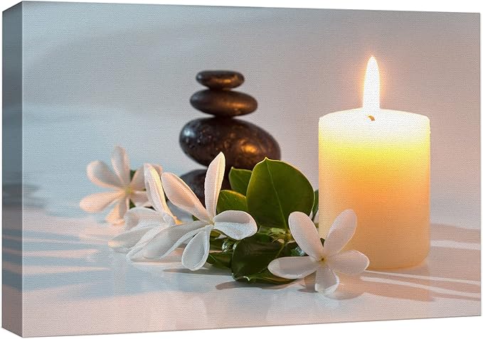 wall26 Canvas Print Wall Art Tiare Flowers with Candle and Zen Stone Nature Wilderness Photography Chic Scenic Colorful Rustic Ultra for Living Room, Bedroom, Bathroom, Office - 12"x18"