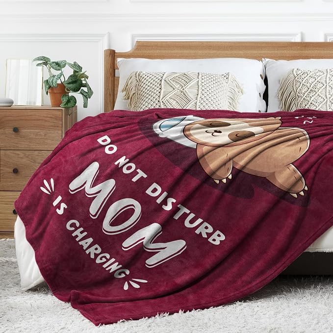 Leebbsin Funny Gifts for Mom, Birthday Gifts for Mom from Daughter Son | Mom is Charging Sloth Blanket, 60" x 80", Burgundy, Mom Gift for Christmas Mothers Day, Soft Sloth Throws Blanket for Mother