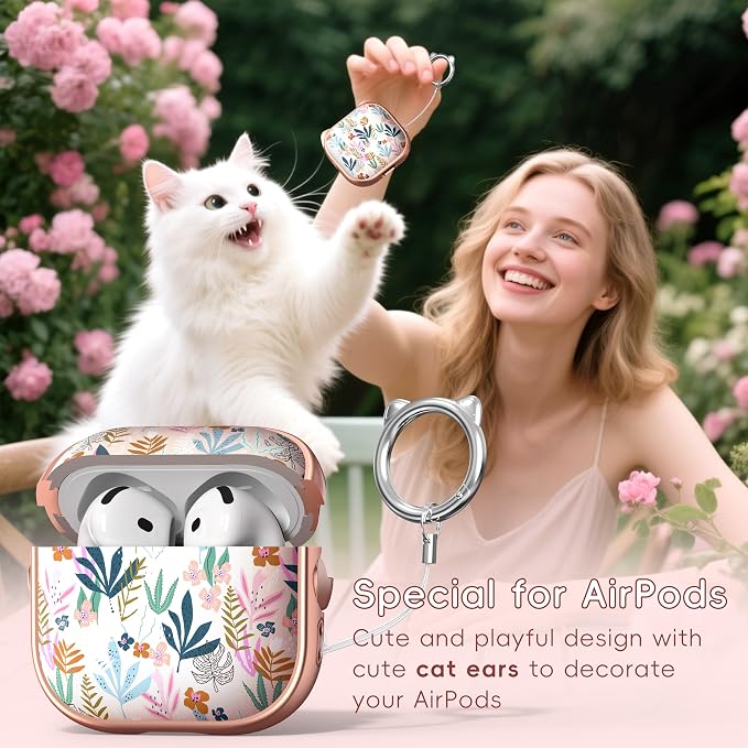 for AirPods 4 Case with Cleaning Kit, Cute Cat Ear Print Design & Cute Buckle, Inverted Phone Holder Design, Top Safe Lock Buckle Design, for Girls AirPods 4 case 2024, Rose Gold Leaves