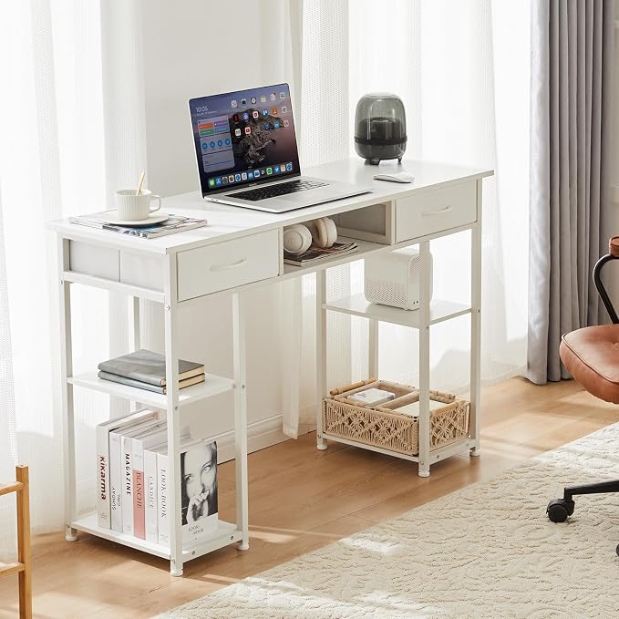 DUMOS 48-Inch Computer Desk with Drawers, Hook and Side Bag, White | Home Office Desk for Bedroom, Gaming Writing Study Desk with Adjustable Feet