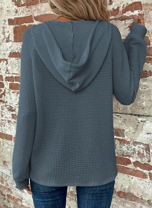 Dokotoo Hoodies for Women Waffle Knit Long Sleeve Drawstring Button V Neck Casual Sweatshirt Hooded Tops Fashion Clothing