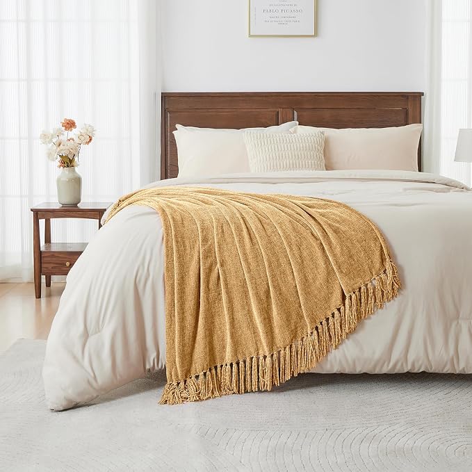 CozeCube Chenille Throw Blanket, Light Brown Fringe Blanket, 60"X80" | For Couch, Cozy Plush Fuzzy Decorative Blanket with Fringe Tassels, Lightweight Throws for Bed Sofa Gift Home Decor