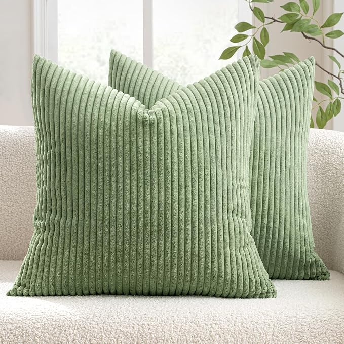 MIULEE Decorative Corduroy Throw Pillow Covers Set of 2 20x20 Sage Green | Soft Striped Textured Cushion Cases, Boho Natural Greenery Pillowcases for Home Decor, for Couch Chair Sofa Bed Living Room